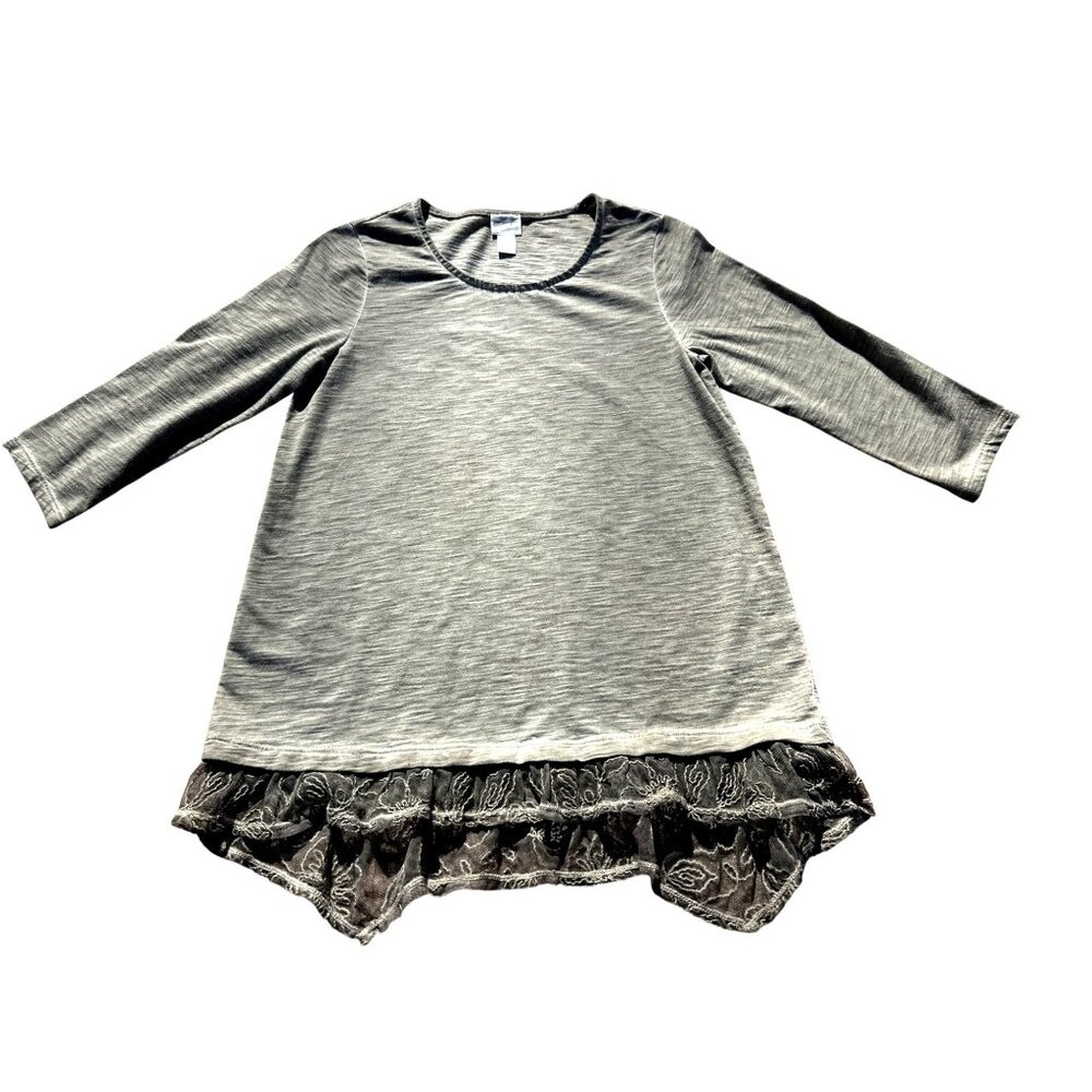Chicos Olive Green Gray Blouse Top Embroidered Lace Hem Scoop Neck Blouse Size 3 - Picture 10 of 11